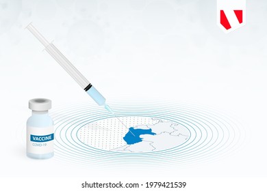 COVID-19 vaccination in Peru, coronavirus vaccination illustration with vaccine bottle and syringe injection in map of Peru. Vector template.