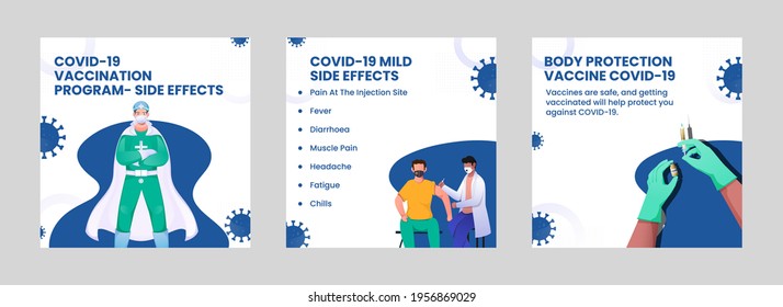 Covid-19 Vaccination Program And Body Side Effects Based Poster Design In Three Options.