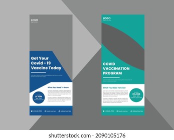 covid-19 vaccination program roll up banner design template. coronavirus vaccination poster leaflet design. cover, roll up banner, poster, print-ready