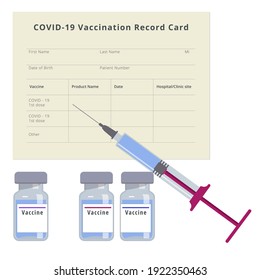 Covid-19 vaccination record card, syringe and vaccine bottles on white background. Vector