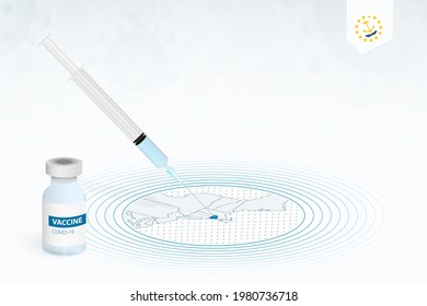 COVID-19 vaccination in Rhode Island, coronavirus vaccination illustration with vaccine bottle and syringe injection in map of Rhode Island. Vector template.