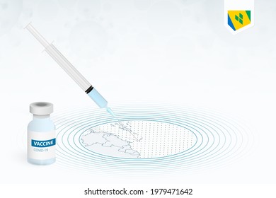 COVID-19 vaccination in Saint Vincent and the Grenadines, coronavirus vaccination illustration with vaccine bottle and syringe injection in map of Saint Vincent and the Grenadines. Vector template.