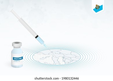 COVID-19 vaccination in San Marino, coronavirus vaccination illustration with vaccine bottle and syringe injection in map of San Marino. Vector template.