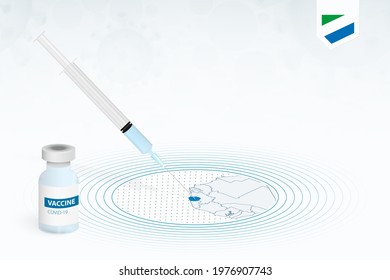 COVID-19 vaccination in Sierra Leone, coronavirus vaccination illustration with vaccine bottle and syringe injection in map of Sierra Leone. Vector template.