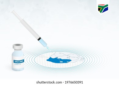 COVID-19 vaccination in South Africa, coronavirus vaccination illustration with vaccine bottle and syringe injection in map of South Africa. Vector template.