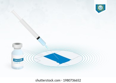 COVID-19 vaccination in South Dakota, coronavirus vaccination illustration with vaccine bottle and syringe injection in map of South Dakota. Vector template.