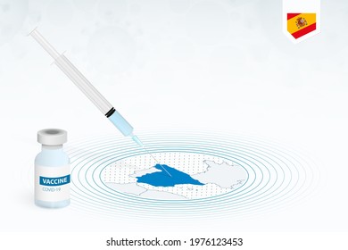 COVID-19 vaccination in Spain, coronavirus vaccination illustration with vaccine bottle and syringe injection in map of Spain. Vector template.