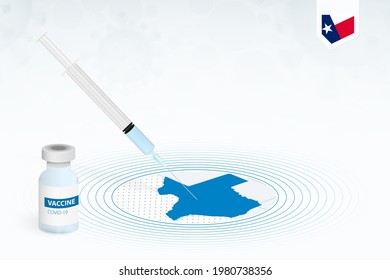 COVID-19 vaccination in Texas, coronavirus vaccination illustration with vaccine bottle and syringe injection in map of Texas. Vector template.
