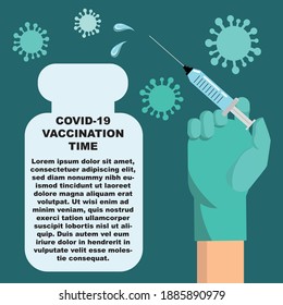 Covid-19 vaccination time vector illustration A hand wearing glove and holding vaccine syringe Can be used as banner poster brochure or card template Coronavirus vaccine concept vector illustration 