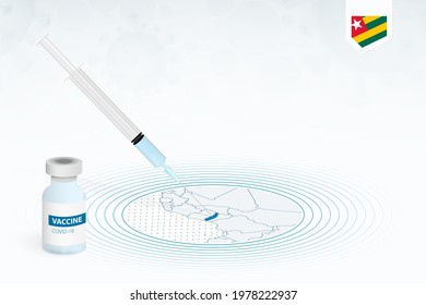 COVID-19 vaccination in Togo, coronavirus vaccination illustration with vaccine bottle and syringe injection in map of Togo. Vector template.