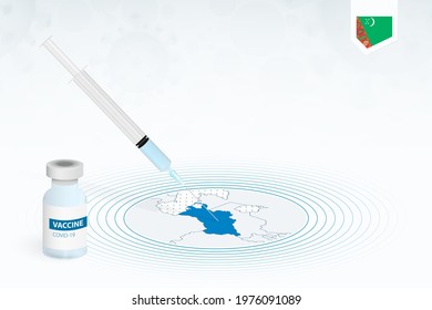 COVID-19 vaccination in Turkmenistan, coronavirus vaccination illustration with vaccine bottle and syringe injection in map of Turkmenistan. Vector template.