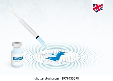 COVID-19 vaccination in United Kingdom, coronavirus vaccination illustration with vaccine bottle and syringe injection in map of United Kingdom. Vector template.