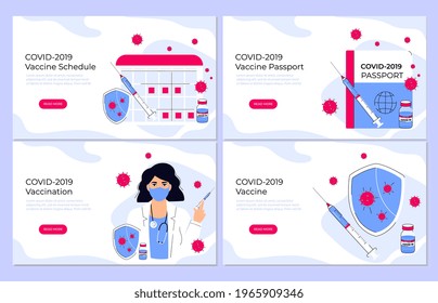 COVID-19 Impfung. Impfschema. Coronavirus-Immunität geht über. Impfplan. Arzt, der Schutzschild und Spritze hält, um sie vor dem Virus zu schützen. Landing Page.