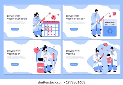 COVID-19 Vaccination. Vaccine schedule. Coronavirus immune pass. Immunization plan. Doctor with syringe to protect from virus. Landing page.