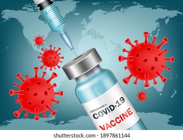 Fondo del vector de vacunación Covid-19. 3d ilustración vectorial realista. Diseñar guantes médicos sujetando una botella de vacuna y una jeringa