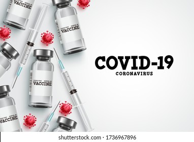 Covid-19 vaccination vector background. Covid19 coronavirus vaccine bottles and syringe injection tools for covid-19 immunization with space for text in white background. Vector illustration.
