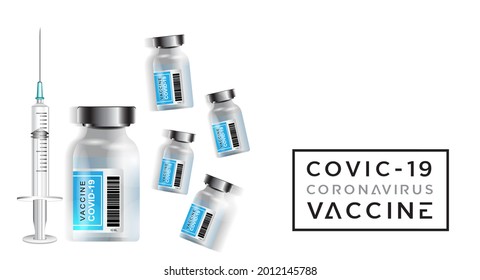 Fondo del vector de vacunación Covid-19. Frascos de vacuna de Covid19 coronavirus y herramientas de inyección de jeringuillas para la inmunización de covid-19 con espacio para texto de fondo blanco. Ilustración vectorial.