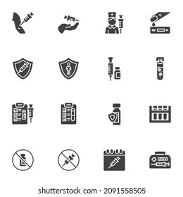 Covid-19 vaccination vector icons set, modern solid symbol collection, filled style pictogram pack. Signs, logo illustration. Set includes icons as coronavirus test, vaccine injection, laboratory test