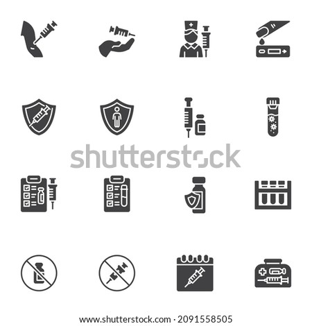Covid-19 vaccination vector icons set, modern solid symbol collection, filled style pictogram pack. Signs, logo illustration. Set includes icons as coronavirus test, vaccine injection, laboratory test