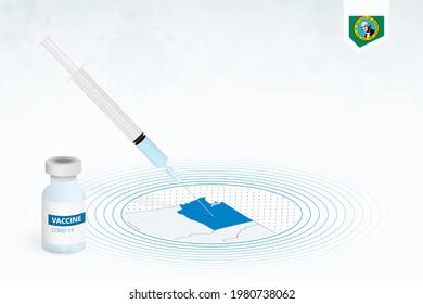 COVID-19 vaccination in Washington, coronavirus vaccination illustration with vaccine bottle and syringe injection in map of Washington. Vector template.