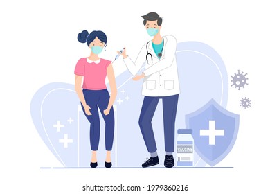 Covid19 vaccination, young woman getting vaccinated. Doctor injecting a patient in arm. Immunity health concept. Immunization and vaccination campaign of people against Coronavirus.Flat vector.