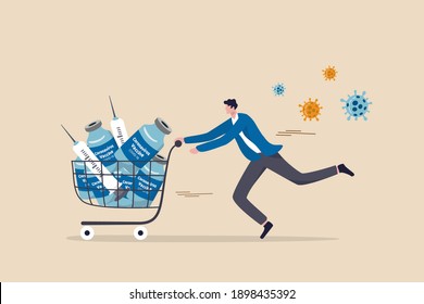 COVID-19 vaccine affordability, privilege or priority to access Coronavirus vaccine concept, wealthy man trying to buy expensive lot of vaccine bottles and syringe in shopping cart with virus pathogen