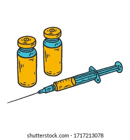 Vacuna de Covid-19. El antídoto para Covid-19. Inyección médica y coronavirus. Jeringa con vacuna sobre fondo blanco aislada. Ilustración vectorial estándar. Mano dibujada.