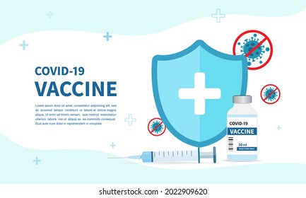 Covid-19 vaccine banner background template. Syringe injection and vaccine bottle for covid19 immunization treatment. Stop pandemic coronavirus concept. Vector illustration.