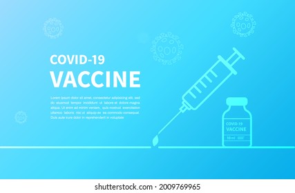 Covid-19 vaccine banner blue background template. Syringe injection and vaccine bottle for covid19 immunization treatment. Design elements space for text. Vector illustration.
