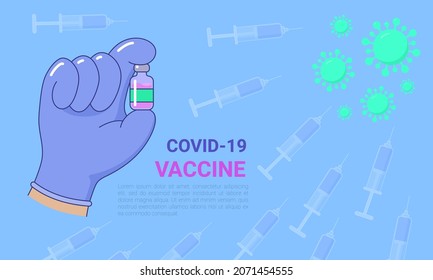 Covid-19 vaccine banner, hand holding bottle of medicine. Stop Coronavirus pandemic immunization campaign. Medical treatment, healthcare, disease prevention landing page, website vector illustration
