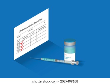 Covid-19 vaccine booster dose for delta variant and omicron variant protection, vaccination card . Vector illustration of vaccination card, syringe and vaccine bottle on blue  background