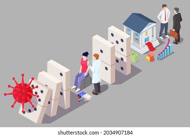 Covid-19 vaccine boosting business recovery and growth, flat vector isometric illustration. Herd immunity. Economic recovery, end of business crisis after vaccination.