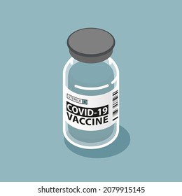 Covid-19 vaccine bottle 3d isometric vector illustration. Antivirus vaccine vial with liquid antigen medication cure isolated. Stop coronavirus disease, vaccination healthcare immunity concept.