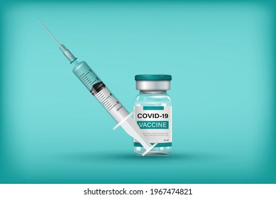 Covid-19 vaccine bottle with syringe and needle in green medical color background, vector illustration