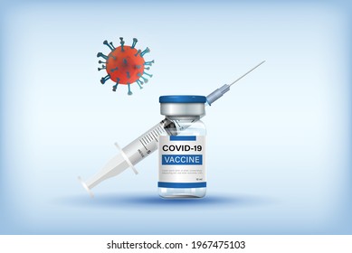 Covid-19 vaccine bottle with syringe and needle in light blue background with coronavirus symbol, vector illustration