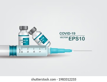 Covid-19-Impfstoffflasche und -spritze auf weißem Hintergrund, Vektorgrafik 3D einzeln auf medizinischem Konzept