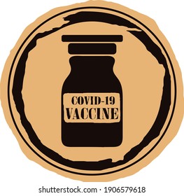 COVID-19 vaccine bottle vector flat icon on craft background in old style. Treatment for covid-19. Stamp seal with vaccine. Pandemic COVID grunge rubber round stamp. Anti Coronavirus disease COVID-19.