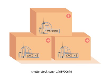 Covid-19 Vaccine in boxes, ready to delivery or distribute to all world. Vaccine Storage Room. Covid-19 Coronavirus vaccine stock. Vaccination and immunization concept. Vector illustration