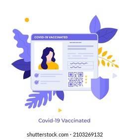 COVID-19 vaccine certificate or ID with QR code. Concept of document to prove vaccination status for travel, assurance of protection from coronavirus. Modern flat vector illustration for banner.