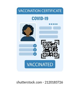 COVID-19 vaccine certificate or ID with QR code. Concept of document to prove vaccination status for travel, assurance of protection from coronavirus. Modern flat vector illustration for banner.