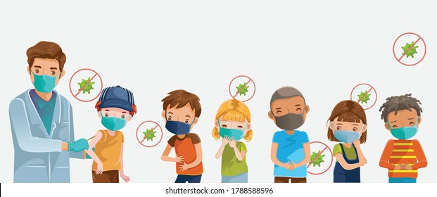 Covid-19 Vaccine. Child mask at the hospital. Doctor holds an injection vaccination boy. Group of children wearing medical masks to prevent disease, flu, contaminated air, air pollution, Health care. 