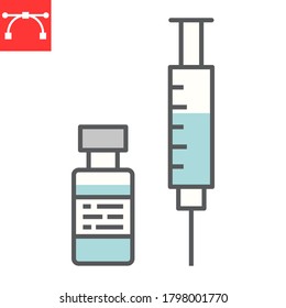 Covid-19 vaccine color line icon, coronavirus and syringe, vaccination sign vector graphics, editable stroke filled outline icon, eps 10