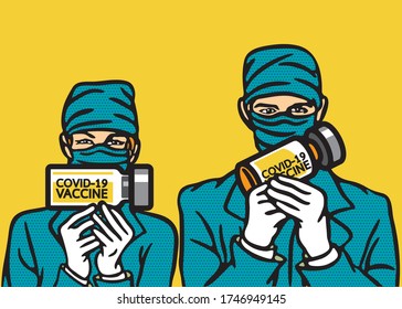 Covid-19 Vaccine Concept, Advertising, Illustration design. art, line, drawing, cartoon, funny