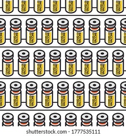 COVID-19 Vaccine Concept, Antiviral vaccine. Medical bottles. COVID 19. SARS CoV 2.Vector background with vaccine bottles. Seamless pattern, template in flat style for textiles, medical packaging.