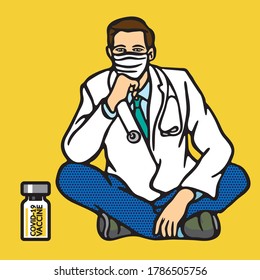 COVID-19 Vaccine Concept, Antiviral vaccine. Medical bottles. COVID 19. SARS CoV 2.Vector background with vaccine bottles, medical packaging and retro style.