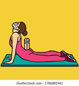 COVID-19 Vaccine Concept, Antiviral vaccine. Woman exercising with Medical bottles. COVID 19. SARS CoV 2.Vector background with vaccine bottles, medical packaging and retro style.