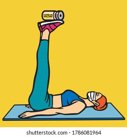 COVID-19 Vaccine Concept, Antiviral vaccine. Woman exercising with Medical bottles. COVID 19. SARS CoV 2.Vector background with vaccine bottles, medical packaging and retro style.