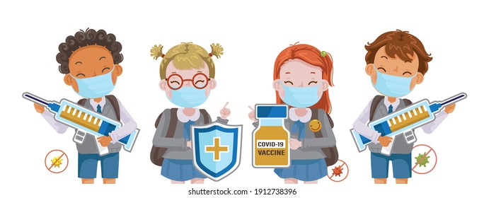 COVID-19 Vaccine Concept. Children Uniform Mask.  Education Risks Of The Virus. Girl Mask And A Boy Mask Are Holding A Knight's Sh Vaccines And Syringes. Fight Prevent Covid. 