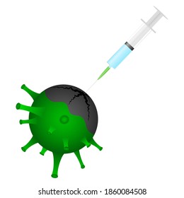 Covid-19 vaccine concept. Cracked green virus molecule with a hypodermic needle, on white isolated background.