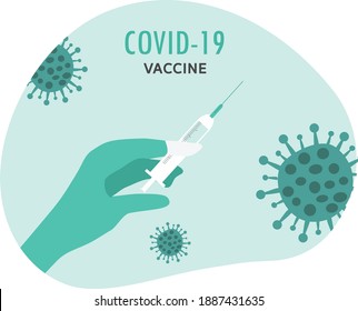 COVID-19 vaccine concept. Doctor hand with medical gloves holding syringe vaccine to protect Covid-19 coronavirus disease vector illustration